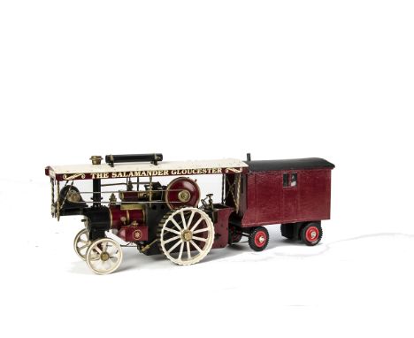 A Mercer (DRM) Live Steam Gas-fired Showman’s Traction Engine and Caravan, overall length approx 14”, in maroon and off-white