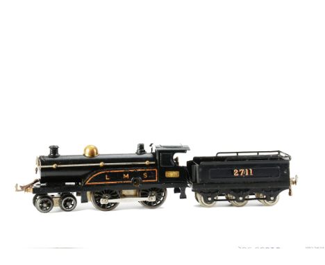 Hornby 0 Gauge No 2 Clockwork Locomotive and Tender, in LMS black as no 2711, with 2711 gold transfers to tender, F, substant