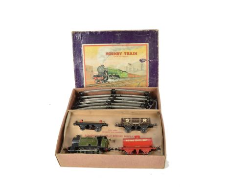 A Hornby 0 Gauge Early Post-war Clockwork Southern Railway Tank Goods Set, in original box, with SR green M3 locomotive no E1