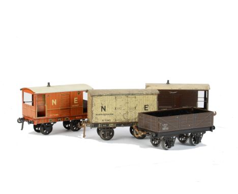 Bassett-Lowke 0 Gauge Freight Stock, comprising a NE brake van in brick red, VG, LMS brake van and open wagon in brown, both 