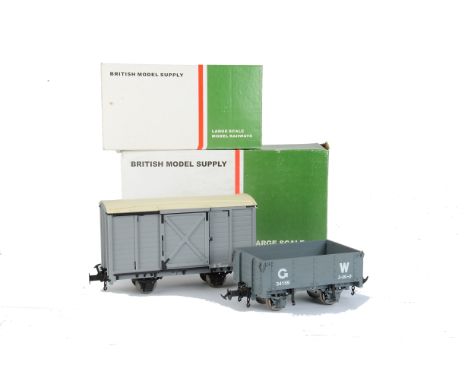 British Model Supply Gauge I (Narrow Gauge) Welshpool and Llanfair Stock, including a brake van and 2 goods vans in un-decall
