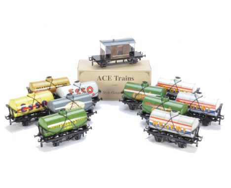 Ten ACE 0 Gauge Petrol Tank Wagons and Brake Van, including grey ‘Regent’ (3), green ‘Castrol’ (2), green ‘Pratts’, buff ‘Pra