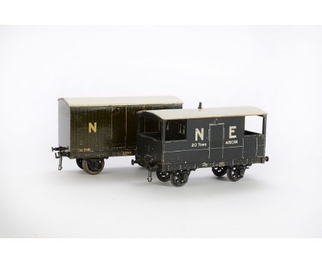 Bassett-Lowke Gauge I Wooden NE Freight Stock, comprising a box van in dark grey with off-white lettering as NE no 455370, to