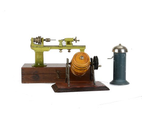 A Märklin Butter Churn, Warning Bell and Lathe on a wooden box base, VG (3)