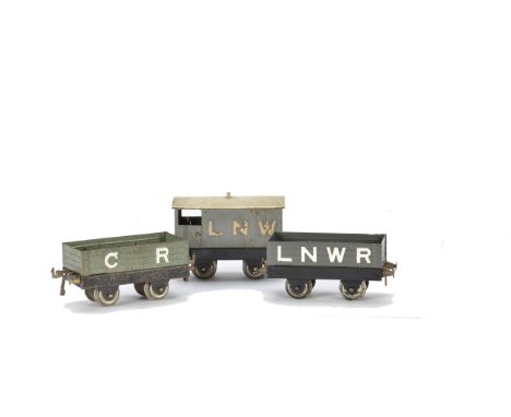 Early Hornby 0 Gauge Wagons, original ‘nut and bolt’ type wagons, including uncommon CR ‘tagged letters’ open wagon, G, lette