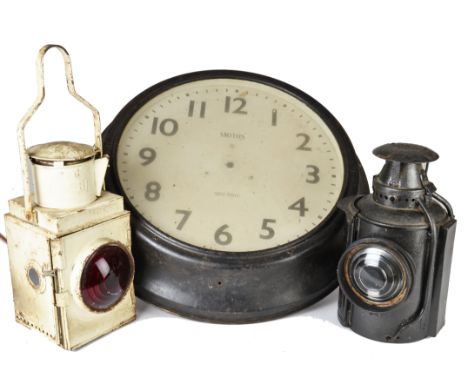 Railway Lamps and Clock, BR oil lamp in white and round black signal lamp, with electric Smith Sectric wall clock, lacks hand