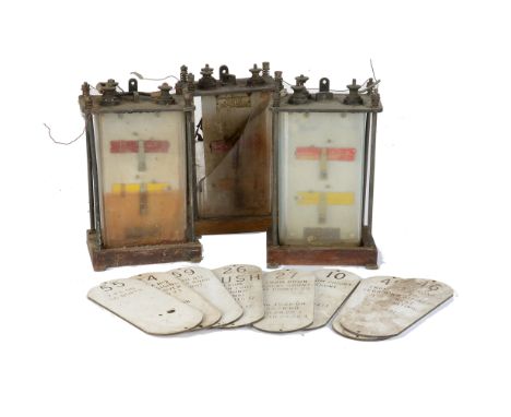 Three Sykes & Co Signal Box Train Direction Indicators, eight melamine Signal Box Lever Plates, P-G, some damage to indicator