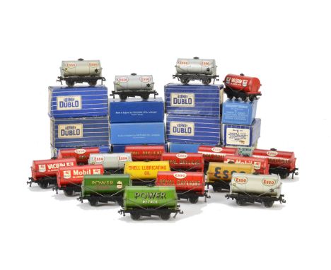 Hornby-Dublo 00 Gauge 3-Rail Oil Tank Wagons, including buff Esso, in light blue box dated 11.49, Power Ethyl (2, one with ha
