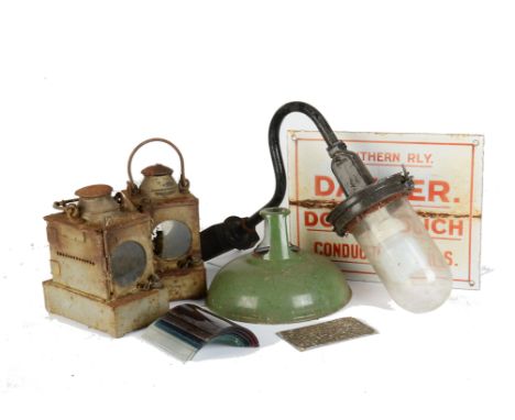 Southern Railway Sign and British Railway Lamps, SR enamel ‘Don’t Touch Conductor Rails’ Sign (crease across centre), Lamp wi