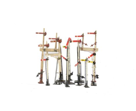 Bassett-Lowke and Other 0 Gauge Signals, comprising 2 single and one bracket BL signals, 3 wooden bracket signals by LMC or s