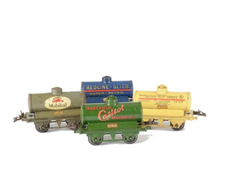 Hornby 0 Gauge T3-base Tank Wagons, comprising grey ‘Gargoyle Mobiloil’, buff ‘Motor BP Spirit’, green ‘Castrol’ and blue ‘Re