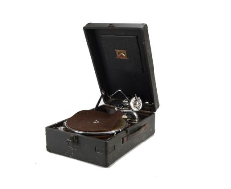 Portable gramophone: an HMV Model 102A, No. 102045451, with 5A soundbox and supplier's label Harris & Osborne, Paignton Motor