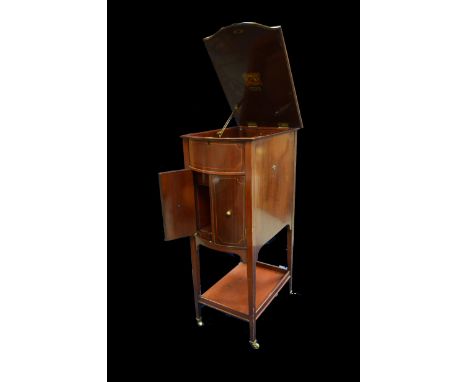 Cabinet gramophone: An HMV Model XI (Library Bijou Grand) gramophone in bow-fronted mahogany case, with later Exhibition soun