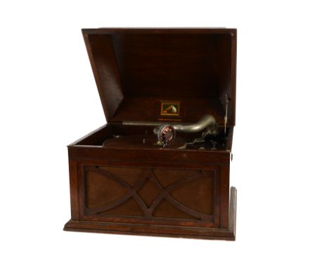Table grand gramophone: an HMV Model 104, with Meltrope soundbox, oak case, grille cloth intact (no winder), supplied by Rush