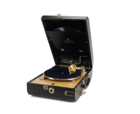 Portable gramophone: a Decca Model 10 in black ostrich-skin grained case with rounded ends and (modified) Decca Meltrope soun