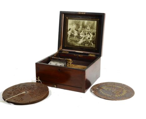 Disc musical box: A 9½ inch Polyphon with single comb, ratchet wind and walnut case with monochrome print and label of Dougla