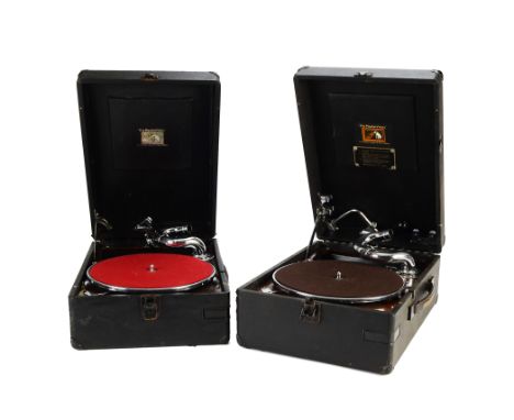 Portable gramophones: an HMV Model 102D (MOS model), 1945 (no soundbox); and an early 102, lacking brake, soundbox and other 