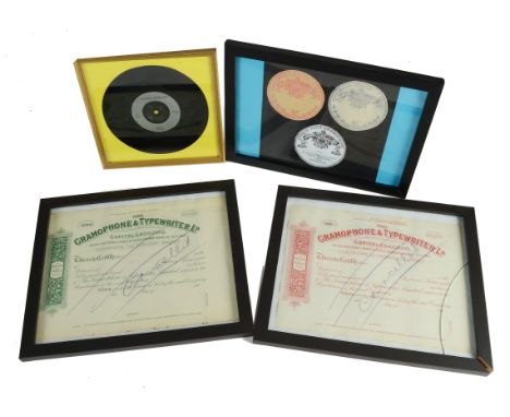 Gramophone Co memorabilia: Two G & T share certificates in frames (1 damaged); two designs for the Canto Gregoriano label; an