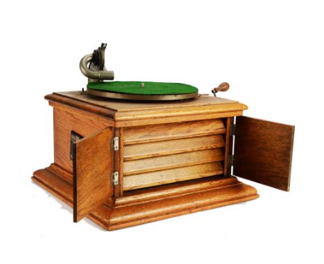 Hornless gramophone: an HMV Model 1 with HMV Exhibition soundbox, in repolished light oak case, 14.4.20, with later HMV badge