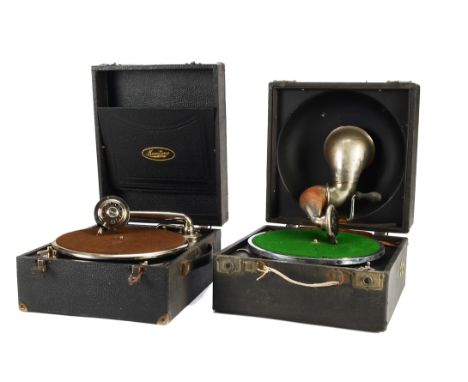 Portable gramophones: a Decca Model 1 Telesmatic, with replacement soundbox, in black case; and a Maxitone (2) 