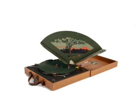 Portable gramophone: a Guiniphone portable, with green card amplifier and light brown cloth-covered wood case 
