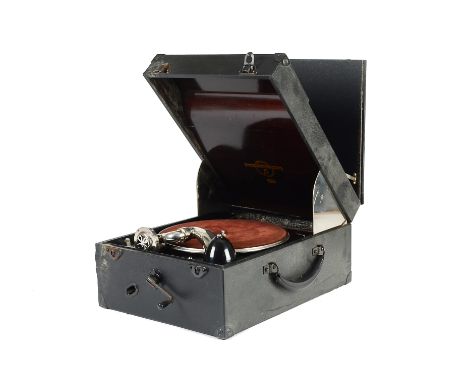 Portable gramophone: a rare Columbia Model 113 portable in black case with external record compartment in lid, No 15 soundbox