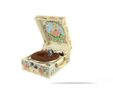 Portable gramophone: a Decca Nursery model with Dora Roderick designs and Selecta (Limit) soundbox, 11.2.50 