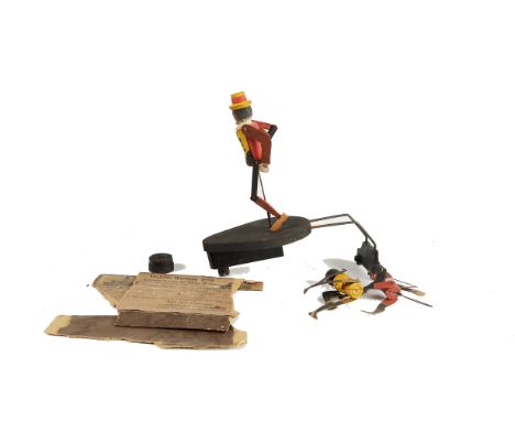 Gramophone toy: Ragtime Rastus and The Boxers, two puppet figures with base and turntable drive boss, with fragmanets of orig