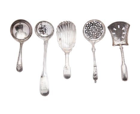 A mixed group of silver spoons including; a George III Irish Fiddle pattern shell bowl caddy spoon by William Osborne, Dublin