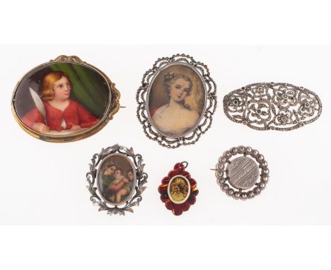 An interesting mixed group of jewellery, including a gilt brooch with a portrait miniature of a young gentleman with quill, u