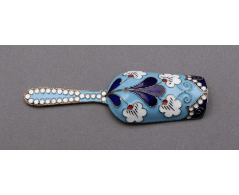 A modern Russian silver and enamel tea caddy spoon, marked Moscow 925, 9cm. long 26.6gms, (08ozs)