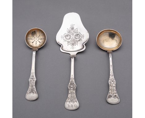 A mixed group of three early 20th century Danish silver serving spoons, stamped .830, comprising of a ladle, a sugar shifting