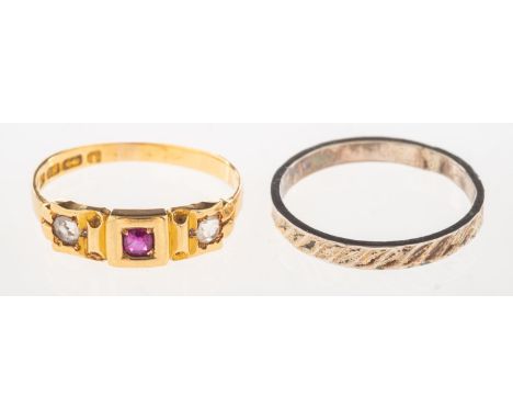 An 18ct gold Victorian ruby and paste ring and one other ring, an 18ct gold Victorian ring set to the centre with a circular-
