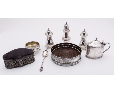 A mixed group of silver including; a George III oval mustard pot by John Emes, London 1800, with engraved decoration, blue gl