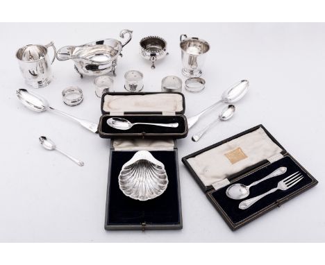 A mixed group of silver and silver plated items including; a christening mug by Deakin & Francis Ltd, Birmingham 1931, with e