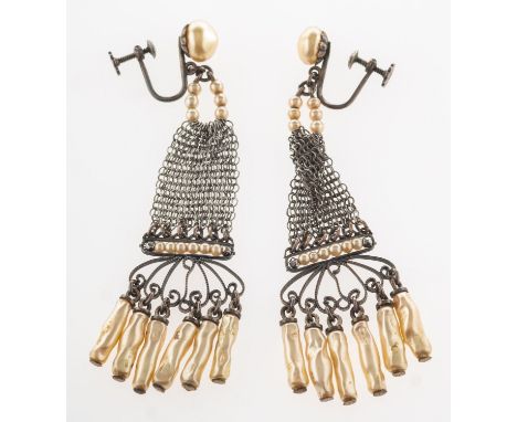 A pair of French antique faux pearl chandelier earrings, each earring set to the top with a faux button pearl, with two rows 