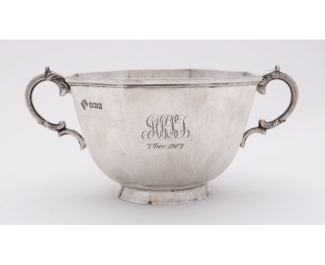 An Edward VI silver two handled sugar bowl by William Hutton & Sons Ltd, Sheffield 1907, of octagonal form, C scroll handles,