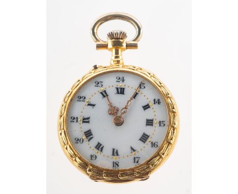A late Victorian diamond set pocket watch and a fob chain, a late Victorian continental ornate ladies pocket watch with white