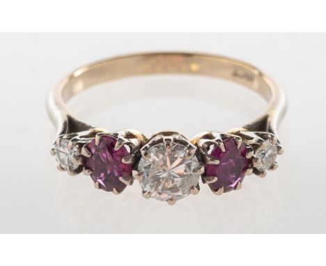 A five stone diamond and ruby ring, claw set with three graduated brilliant-cut diamonds, interspaced by two circular-cut rub