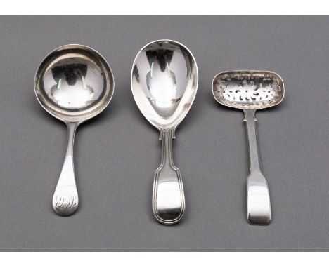 A George IV silver Fiddle pattern caddy spoon by Joseph Willmore, Birmingham 1821, a Fiddle and Thread caddy spoon by George 