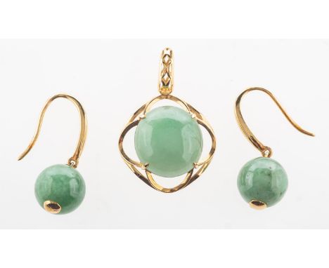 A jade pendant and jade earrings, an openwork pendant claw set with a circular jade cabochon, openwork bale, marked AU375, le