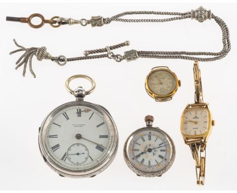 Four watches - W.R. Lisle, Exeter retailer, a silver open-faced pocket watch the white dial having black Roman hour numerals,