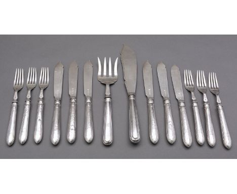A set of six Victorian silver Old English and Thread pattern fish knives and forks by Thomas Bradbury & Sons , London 1881, w