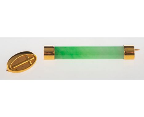 Two brooches, including a cylindrical dyed jade brooch with gold metal terminals and pin, Chinese marks to one terminal and 1