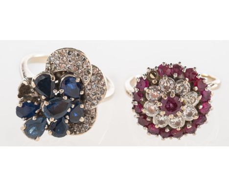 Two diamond and gem-set cocktail rings, including a flowerhead cluster ring set with circular-cut rubies and brilliant-cut di