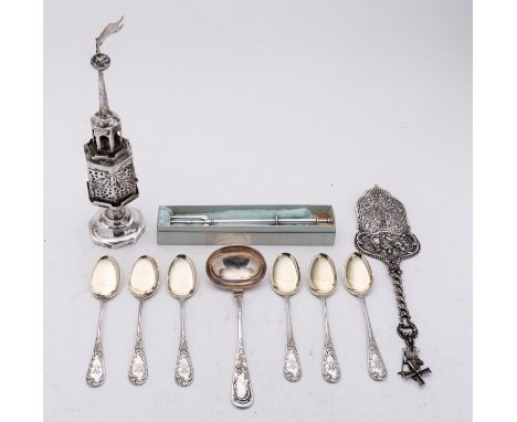 A mixed group of Continental silver including; a late 19th century Judaica spice tower, probably Swiss marks rubbed, a German