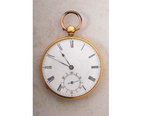 An 18ct gold open-faced pocket watch the white enamel dial having black Roman numerals, blued-steel spade hands and a subsidi