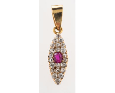 A ruby and diamond pendant, of navette form, grain set with a small cushion-cut ruby, with a surround of small old-cut diamon