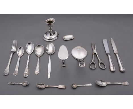 A mixed group of early 20th century Danish silver including; a dwarf candlestick with loaded base, a small cake serving knife