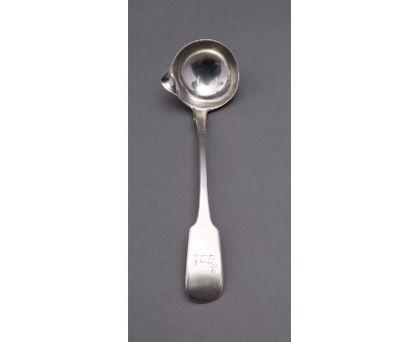 A George IV Irish silver Fiddle and Rattail pattern lipped toddle ladle by James England, Dublin 1820, M.West, engraved boar 